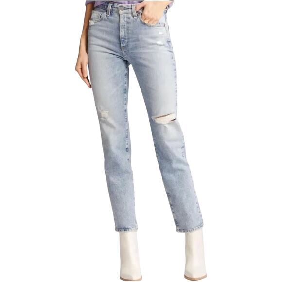 AG Adriano Goldschmied Saige Straight Jeans High-Rise Distressed Denim Blue 24 - Picture 1 of 6